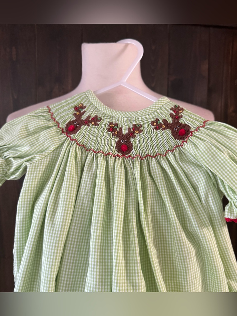 Girls Classic Whimsy Green Gingham Christmas Reindeer Smocked Dress 18 Months